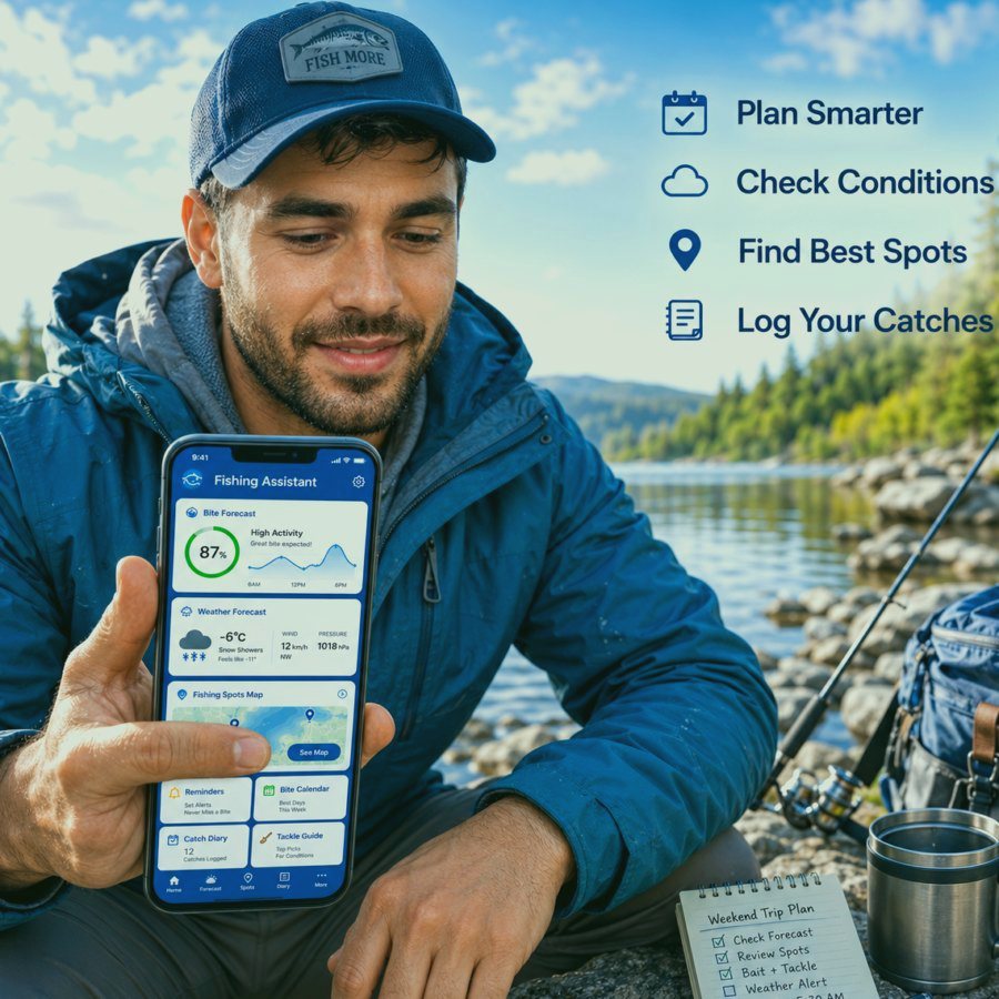 Fishing Assistant app screen with forecast and map