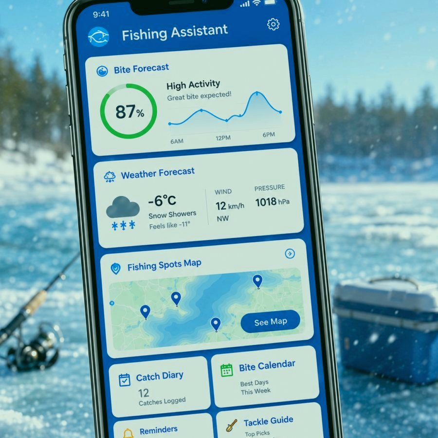 Fishing map screen with saved spots